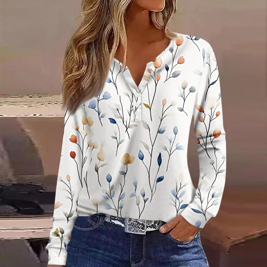 Women's T Shirt Tee Button Long Sleeve Daily Weekend Fashion Basic V- Neck Regular Top