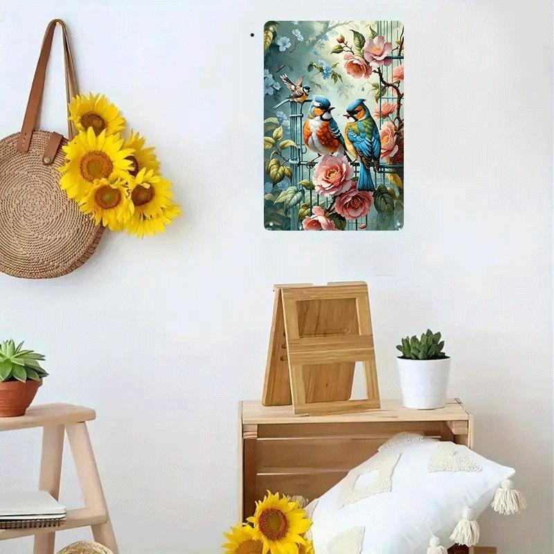 1 piece American country style tinplate wall hanging, colorful floral and bird pattern home wall decoration, living room and ent