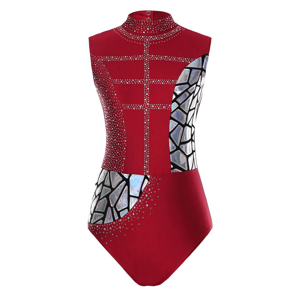 Womens Rhinestone Dance Leotard Sleeveless Cutout Back Metallic Sequins Figure Skating Bodysuit Gymnastics Performance Wear