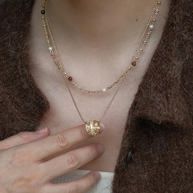Super sparkling zircon tiger eye stone pearl beaded double layer clavicle chain retro palace style necklace