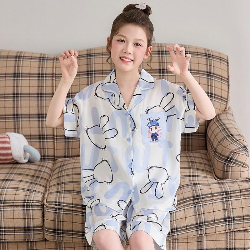 Girls Ice Silk Pajama Set Short Sleeve Cartoon Print Sleepwear 8-14 Years Old Kids