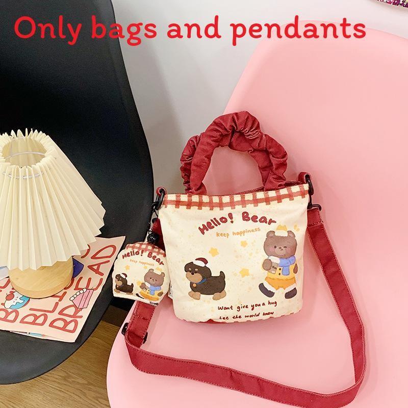 Canvas Cartoon Cat And Bear Print Bucket Bag With Zipper Inner Pocket For Daily Outings