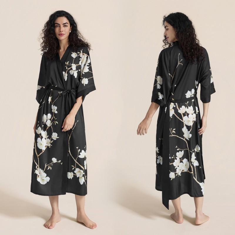 Satin Printed Robe Women Plus Size Lightweight Long Sleepwear Home