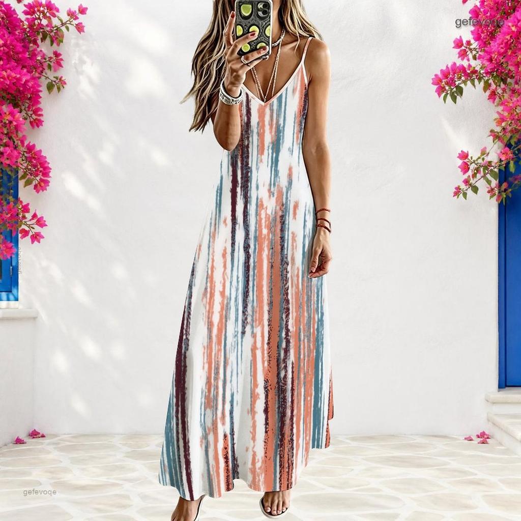 Women Plus Size Off Shoulder V Neck Strappy Sleeveless Printed A Line Maxi Dress