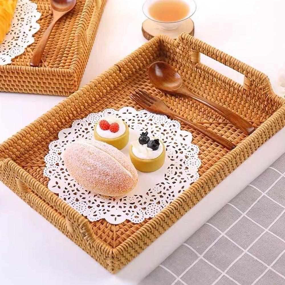 Side Handles Serving Tray Woven Craft Decorative Tray Multi Functional Tray with Handles Picnic