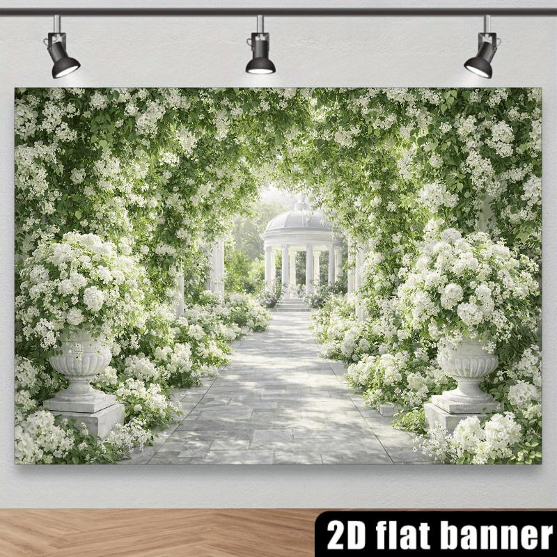 2D plane, vintage country-style wedding backdrop fabric, white flower clusters intertwined with green leaves