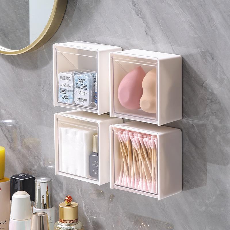 Wall-mounted Multi-functional Storage Box for Dormitory, Punch-free, Flip Design, Cosmetic Cotton Organizer, Small Item Classification Box.