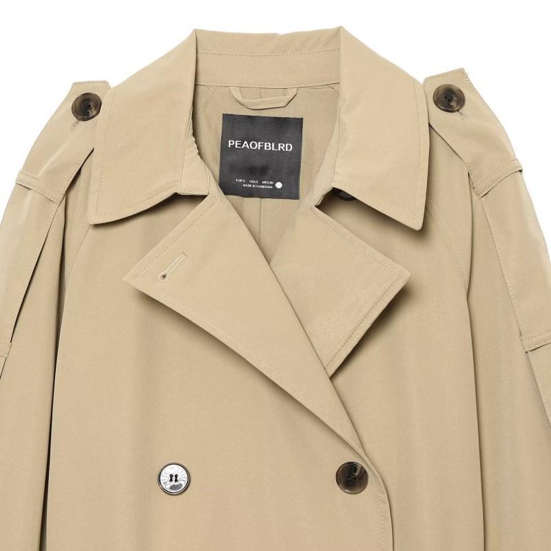 Womens Commuter Trench Coat Double-Breasted Elegant Style Mid-Weight Long Length XS-L Sizes