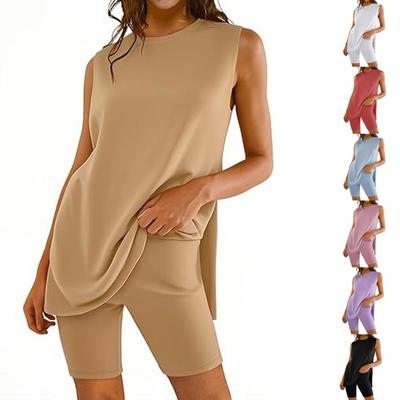 Женский модный повседневный комплект с круглым вырезом, спортивный топ без рукавов с разрезом на талии и шорты