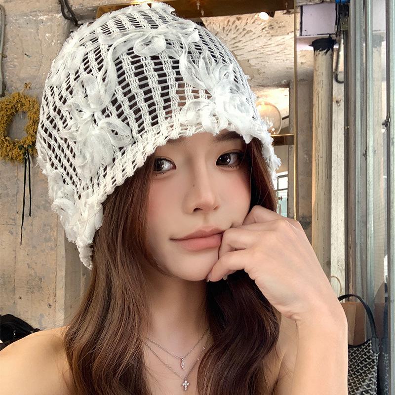Korean 3D Flower Beanie for Women - Spring/Summer Fashion, Breathable, Lightweight, Large Head Fit, Slouchy Style