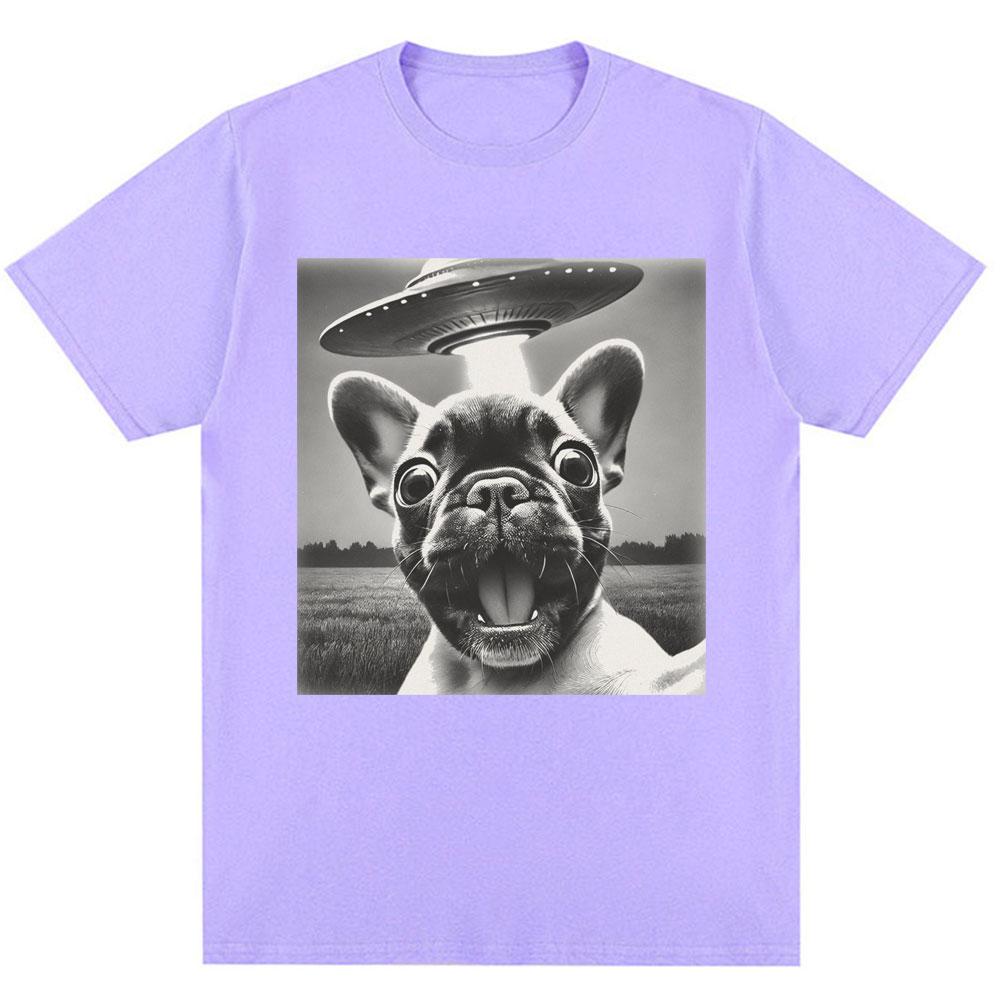 French Bulldog UFO Funny Meme Graphic T-shirt Vintage Fashion Men Women Short Sleeve Oversized Cotton Summer T Shirts Streetwear