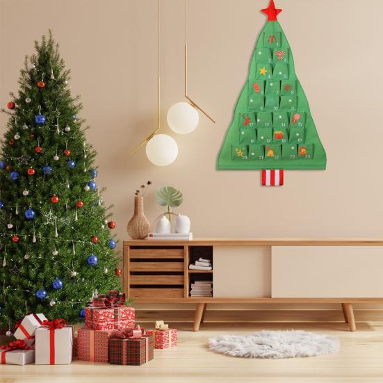 Fabric Christmas Advent Calendar with Pockets 25 Days Christmas Tree Countdown Calendar Wall Door Hanging Bag for Holiday Decoration