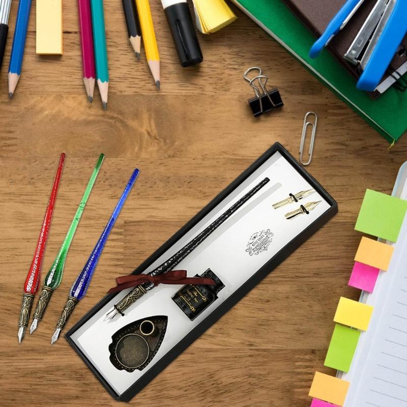 Calligraphy Glass Dip Pen and Inks Set with Replaceable Pen Tip and Metal Pen Holder for Writing Invitation Scrapbooking