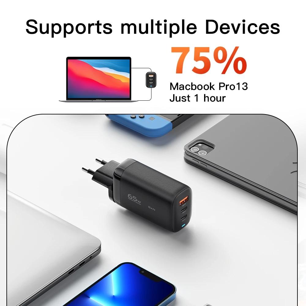 Essager Зарядное устройство GaN 65 Вт USB C Quick Charge 4.0 3.0 QC4.0 QC PD3.0 PD USB-C Type C Быстрое зарядное устройство USB для iPhone 14 13 Pro MacBook