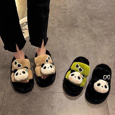 Модные пушистые тапочки-панды женские новые модели летом 2025 года женская уличная обувь на толстой подошве домашние удобные пушистые тапочки женские