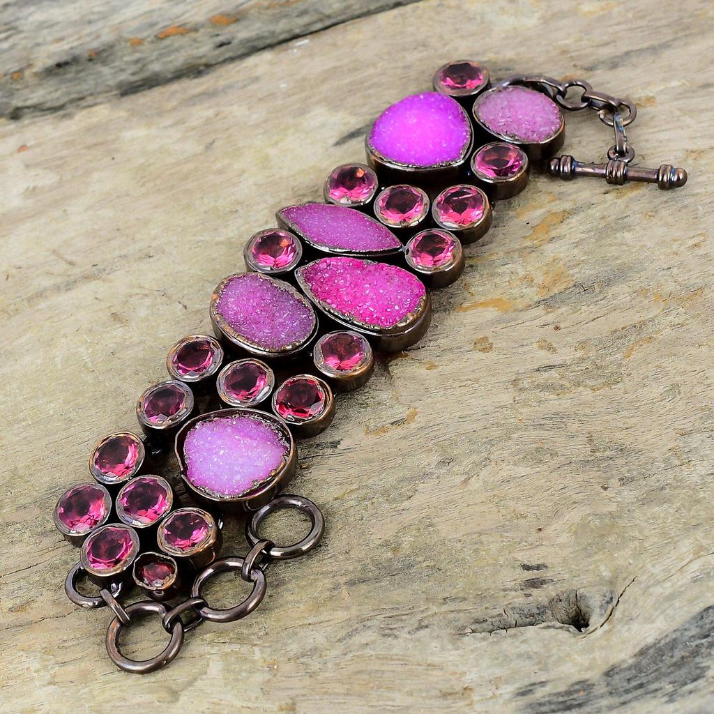 Розовый браслет с друзами, гальванический медный браслет, регулируемый браслет-цепочка, браслет с розовым турмалином и драгоценными камнями, ювелирные изделия ручной работы, подарок для него
