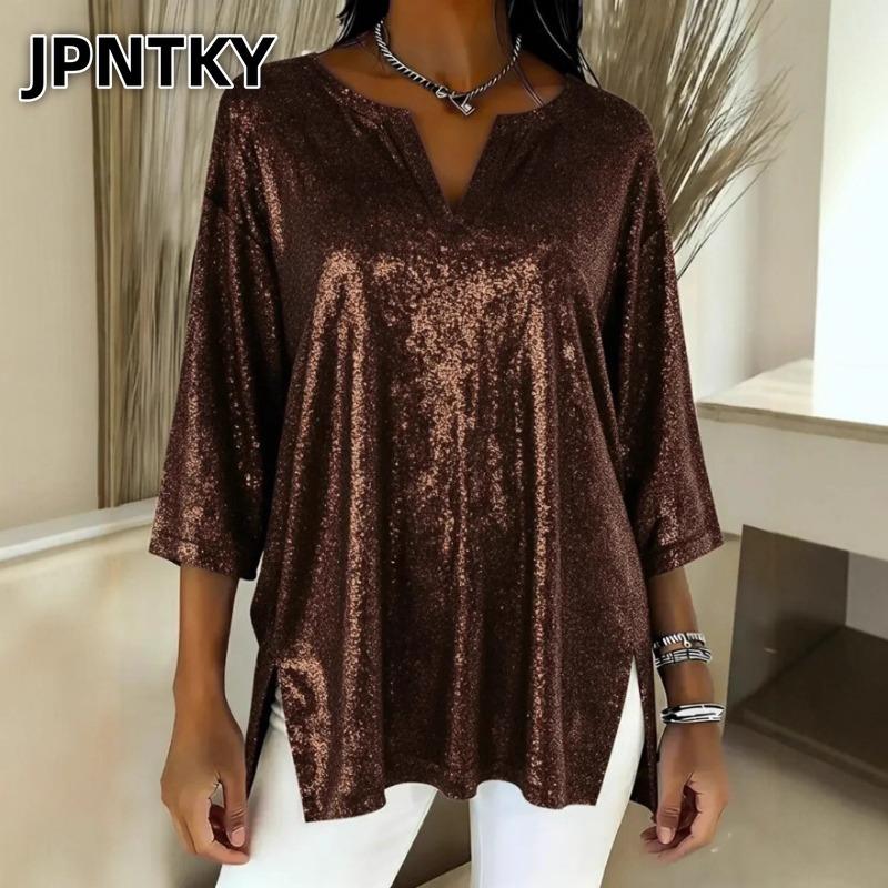 JPNTKY Women's Fashion Casual Solid Color Print 3/4 Sleeves V Neck Blouses & Shirts