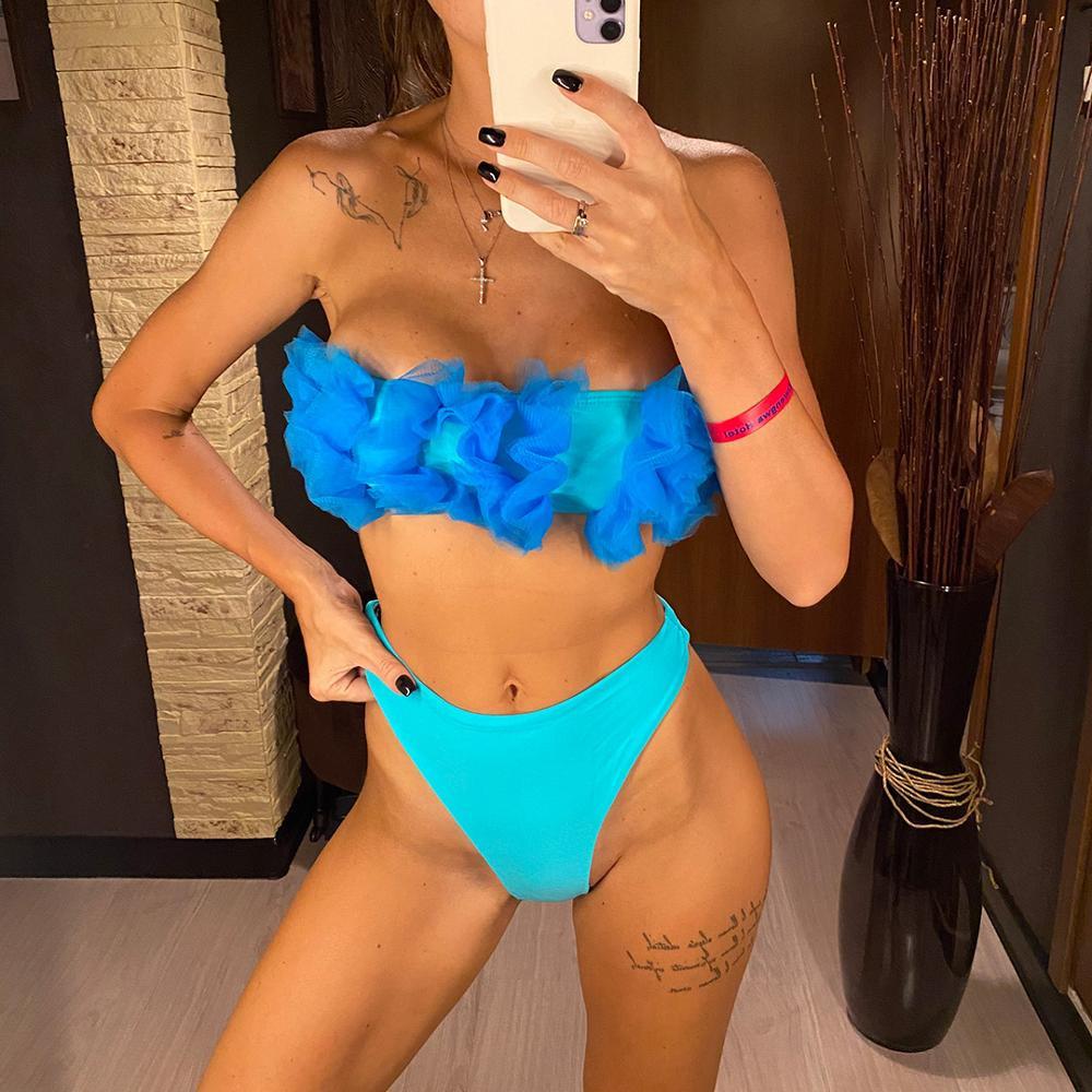 Бандо средней талии бикини женский купальник женский купальник бикини комплект цветок без бретелек купальный костюм