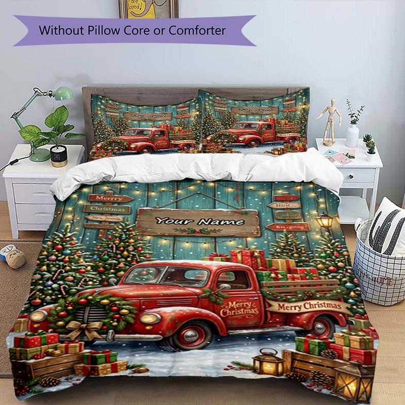 3PC Custom Name Christmas Truck Decorations Bedding Set Duvet Cover Closure Includes 1 Duvet Cover & 2 Pillowcases for Bedroom