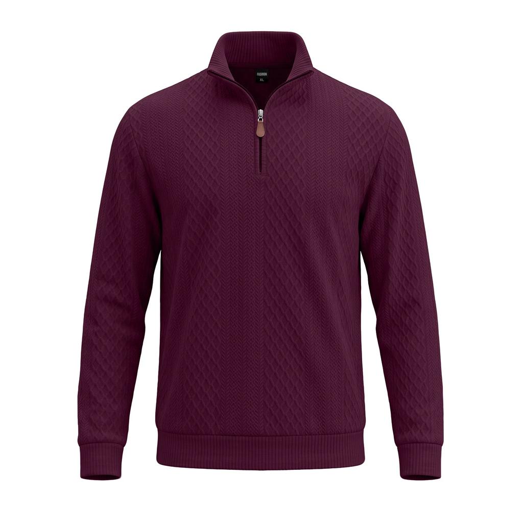 Men's Vintage Diamond Textured Half Zip Pullover Sweatshirt Long Sleeve Polo Collar Casual Top with Leather Zipper Pull Black