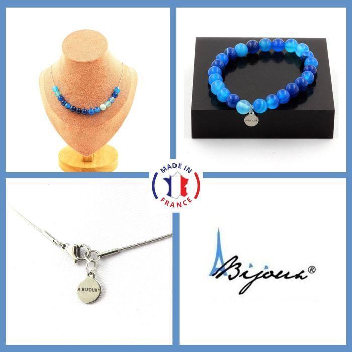 Stones and Minerals. Jewelry Set Bracelet Necklace 15 Beads Blue Ribbon Agate 8 Mm. Customizable Size.