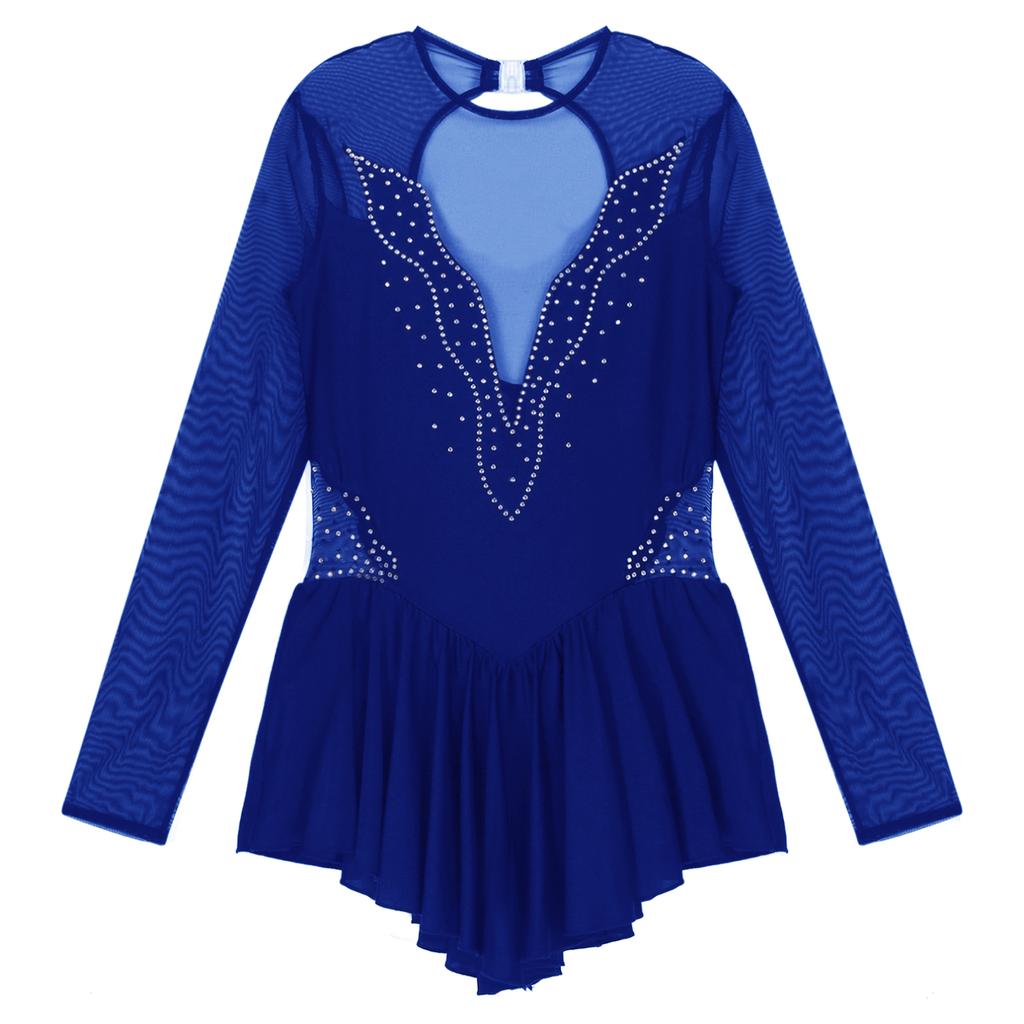 Женское модное платье для фигурного катания, сетчатое лоскутное платье с длинными рукавами и юбкой, купальник для бальных танцев, тренировочный танцевальный костюм