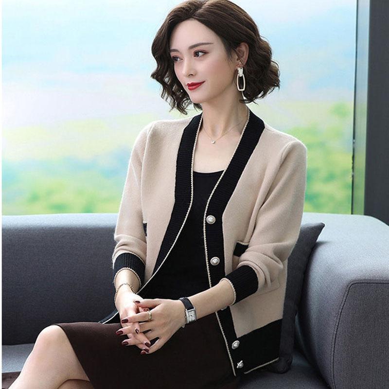 Spring and Autumn Women's Knitted Cardigan Sweater Short Long Sleeve Color-blocked Knit Sweater Jacket Knitted Top Outwear