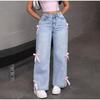 Женские повседневные джинсы с бантом Y2k Blue Baggy Denim Брюки Свободные прямые Милые Кокетки Эстетические Вымытые Однотонные Джинсы 2025 Весна