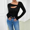 Autumn Women Asymmetric Collar Hollow Out Design Long Sleeve T Shirt Tops Women Versatile Closet Essential Fashion Items Shirt