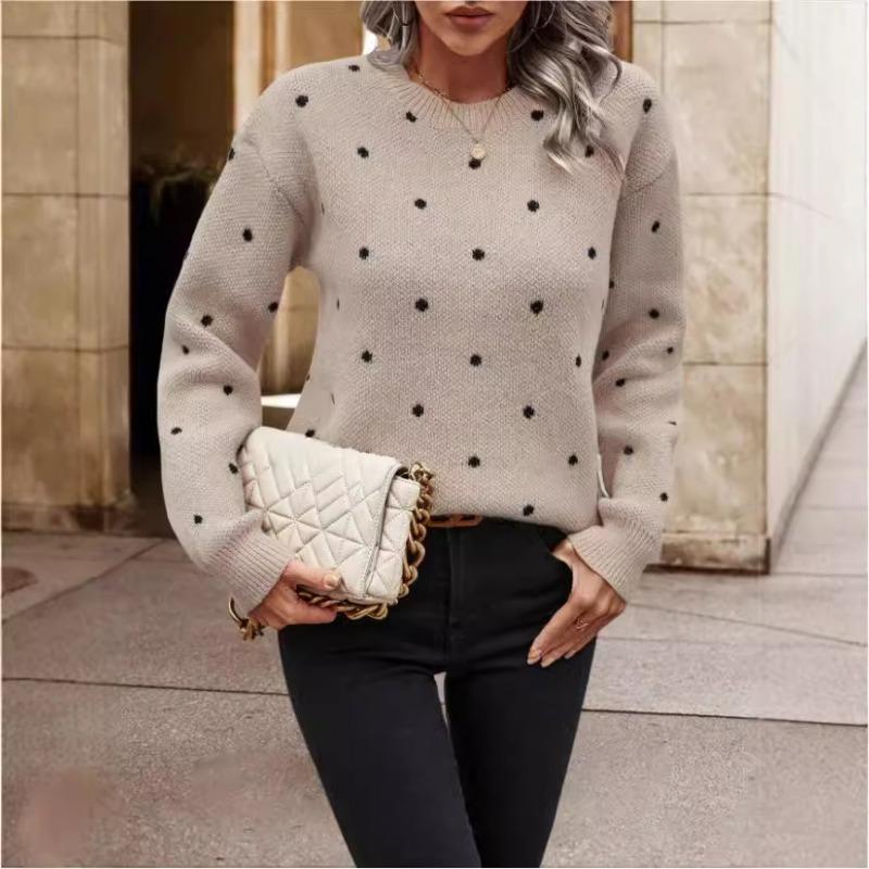 Women S Long Sleeve Crew Neck Pullover Sweater Polka Dot Jacquard Knit
