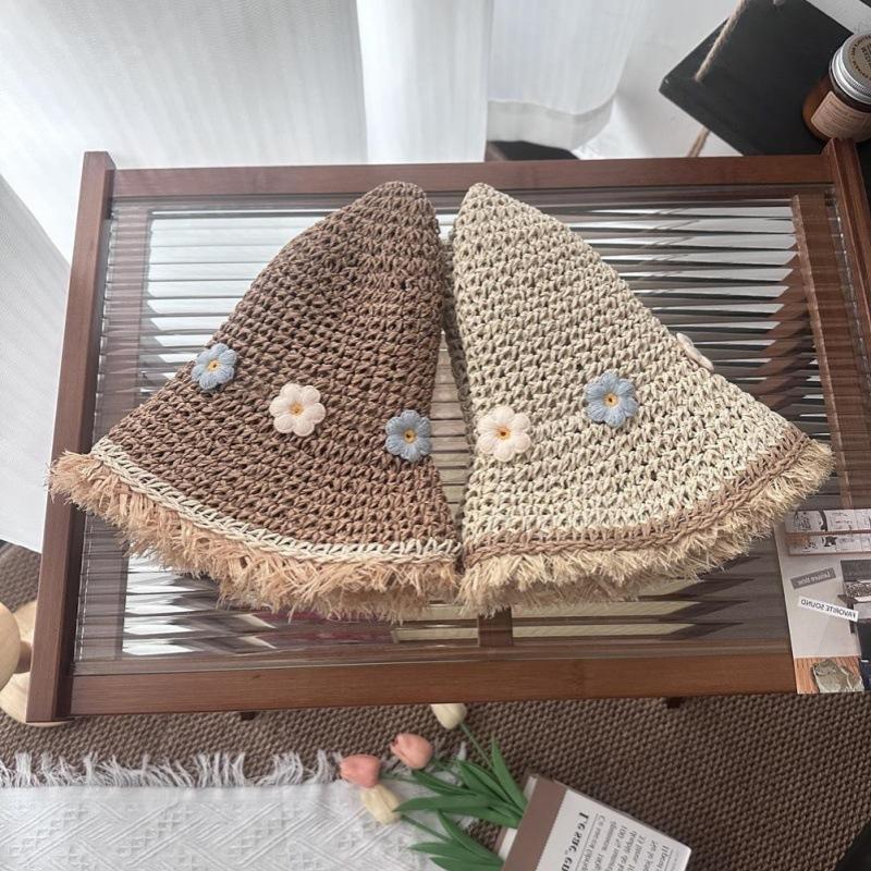 Seaside Straw Hat Women's Summer Bucket Hat New Handmade Straw Visor Flower Pastoral Sun Hat Big Brim Sun Protection Hat