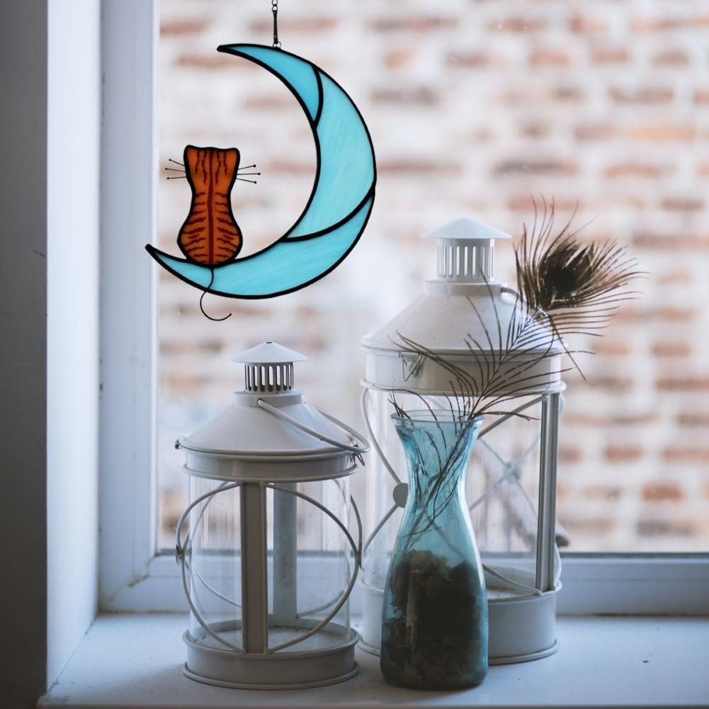 Акриловые украшения в стиле бохо с рисунком кошки на луне, подвесные наклейки на окна, ловец солнца, подарок любителю кошек, подарки для домашних животных, украшение для дома