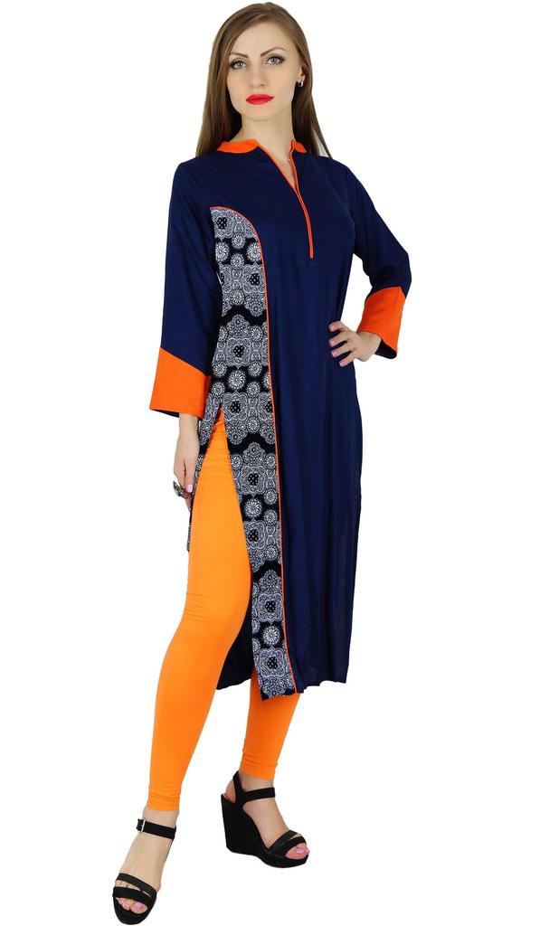 Bimba Women Blue Chic Style Tunic Indian Kurta Kurti Boho Collar Neck Blouse