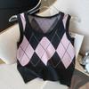 Autumn Fashion Casual Argyle Knitted Sweater Vest Women Winter Retro Sleeveless Pullover Sweater Women Waistcoat Round Neck Knitwear Vests 24821