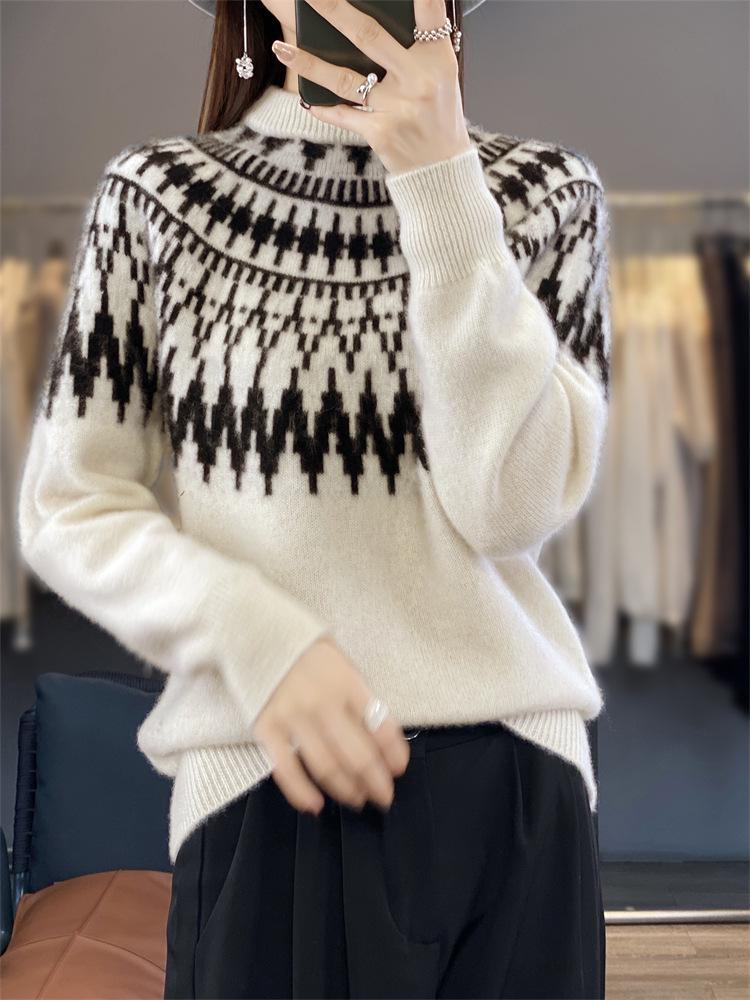 Women's Retro Jacquard Wool Sweater - Thick Loose Fit with Half-High Collar & Long Sleeves for Fall/Winter