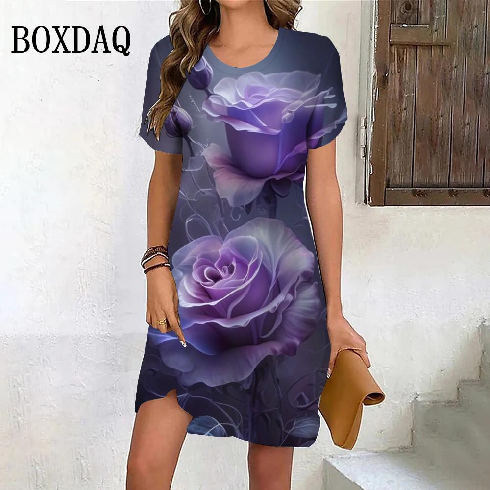 Летнее пляжное вечернее платье для женщин с принтом в виде роз в стиле тай-дай, повседневное платье с коротким рукавом и круглым вырезом, свободная женская одежда