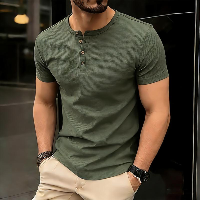 Мужская футболка-henley с коротким рукавом, однотонная, мужские топы, облегающий крой, воротник на пуговицах, повседневная, шикарная, стритвир