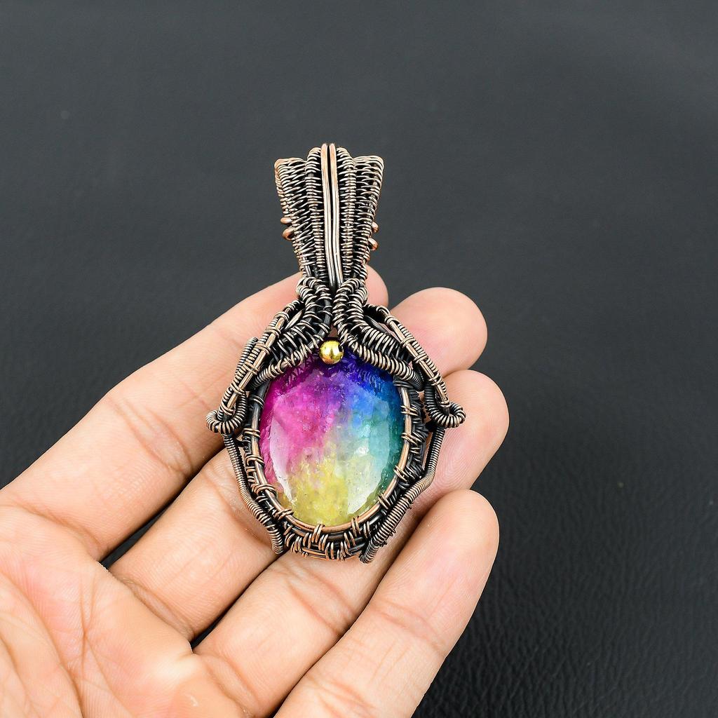 Rainbow Solar Quartz Gemstone Handmade Pure Copper Wire Wrapped Pendant Jewelry For Memorial