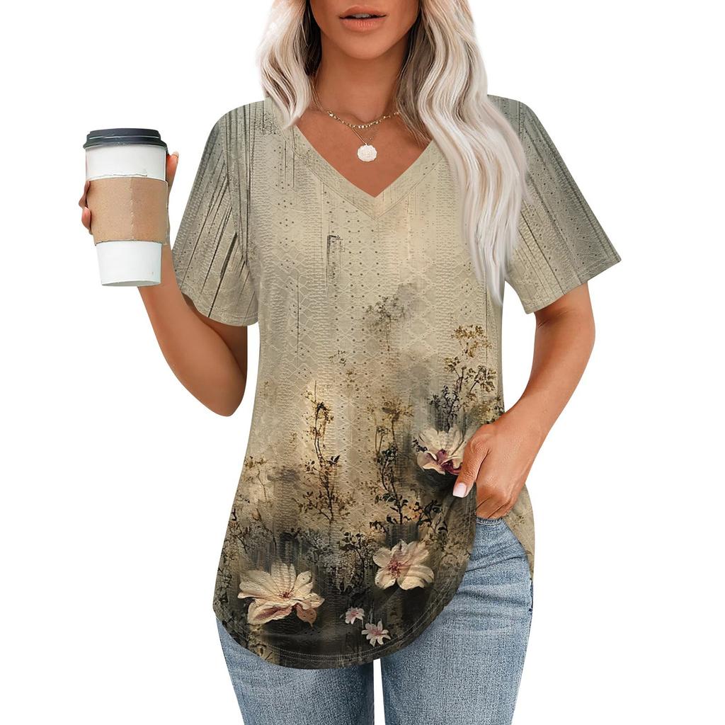 Womens T Shirts V Neck Short Sleeve Casual Tops Loose Fit Basic Tees With Curved Hem