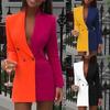 Fashion Colorblock Patchwork Blazer Women Long Sleeve V Neck Suit Dress Spring Autumn Button Woman's Coat