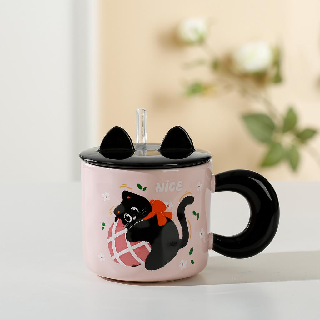 Рельефный котенок с крышкой, милый, высокий, девочка, керамический набор чашек, соломенная чашка, мультяшная кружка, открывающаяся в подарок
