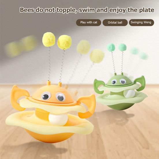 Cat Ball Track Toy Interactive Bee Shaped Cat Tower with Roller Ball Turntable Tumbler Cat Toy with Spring Pompom Ball for Indoor Cats