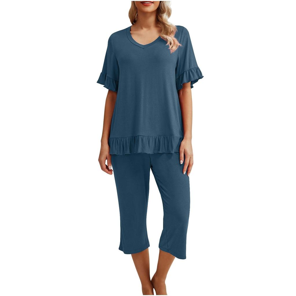 Женский пижамный комплект, рубашка с коротким рукавом, одежда для сна, женские брюки три четверти с карманами