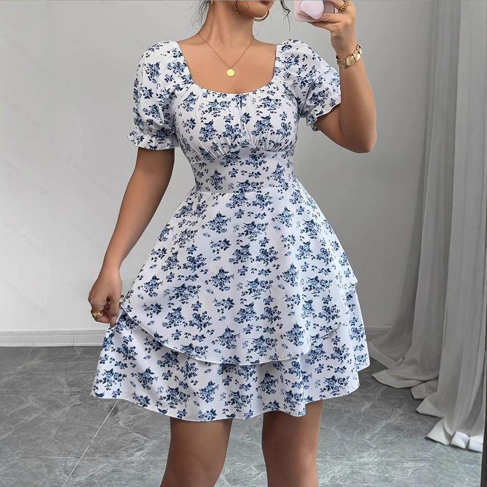 Синее цветочное платье женская одежда поставка sheintemu цветок рукав-буф кружево поставка