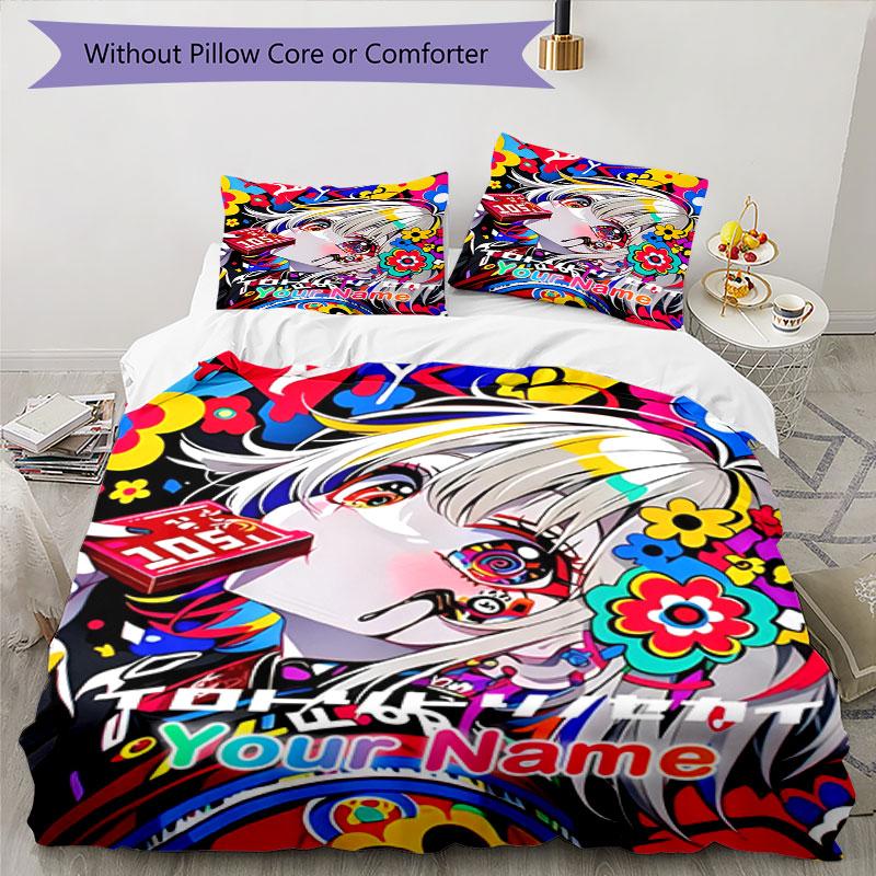 3pcs Custom Name Colorful Anime Dream Bedding Set Printed Bedding Set Duvet Cover Closure Includes 1 Duvet Cover & 2 Pillowcases Bedroom Decor