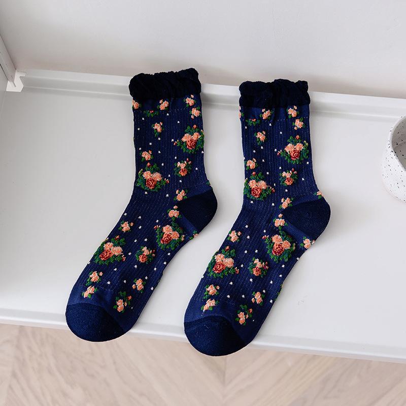Harajuku Ретро женские носки винтажные этнические цветочные принты японские милые носки Kawaii женские летние сетчатые тонкие шелковые кружевные носки с рюшами