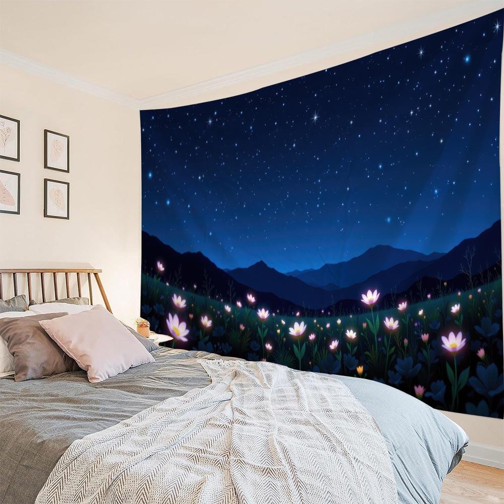 Large Scale Starry Sky Forest Tapestry Starry Night Flower Blossoms Landscape Wall Decor Home Aesthetics Background Cloth