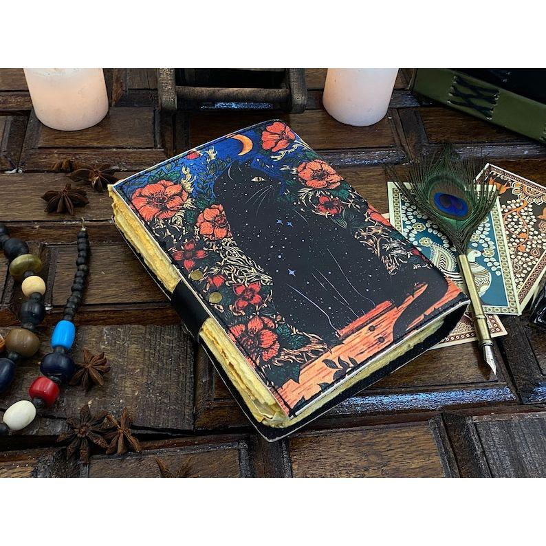 Grimoire Celtic Cat Book of Shadow Leather Journal Spell Book - Witch Wiccan Notebook Sketchbook Journal -Handmade Deckle Edge Paper