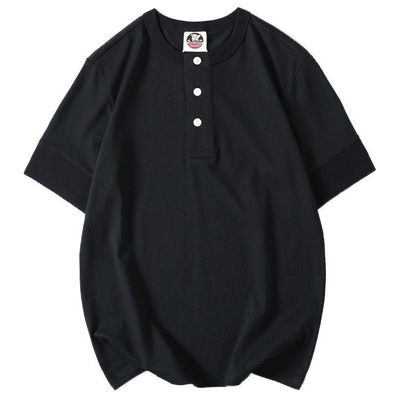 260G Heavy Cotton Henry Collar Short-Sleeved T-shirt Summer Men's Retro Trendy Versatile Cotton Half-Sleeve Bottoming Shirt