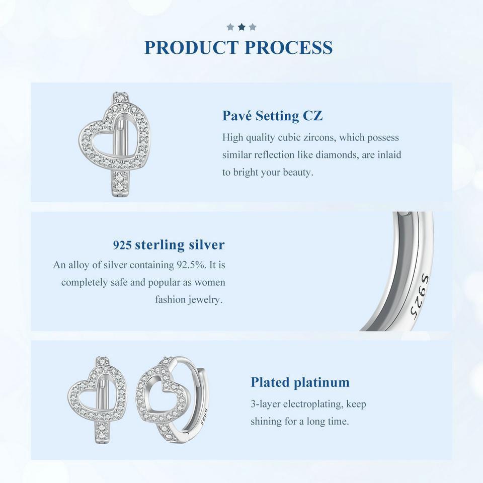 BAMOER стерлингового серебра 925 пробы с ослепительным сердцем, пряжки для ушей, оригинальный дизайн, серьги-кольца для женщин и девочек, изысканные ювелирные изделия на день рождения